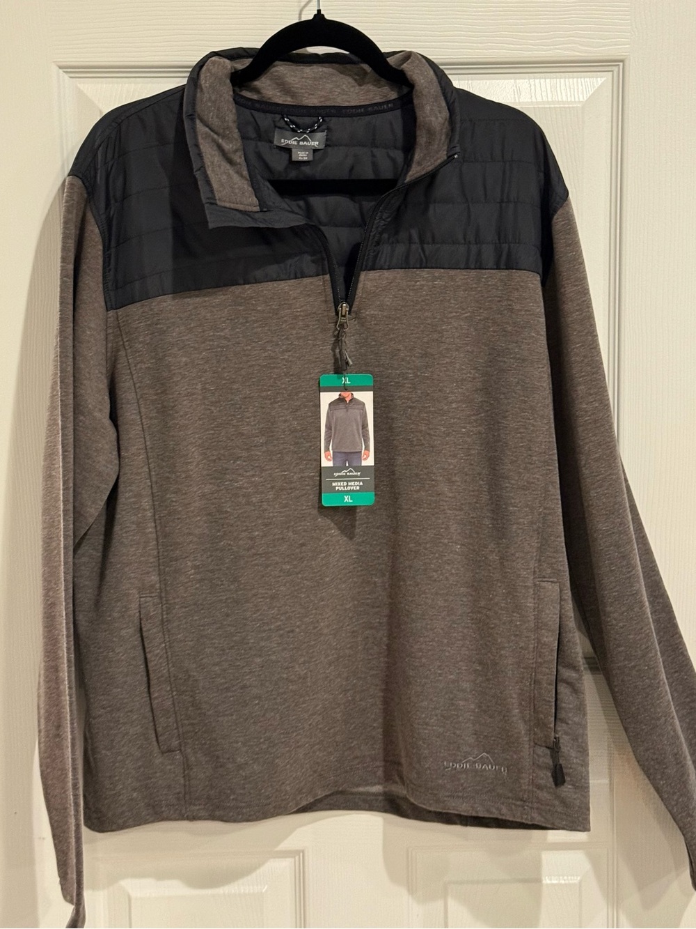 NWT Eddie Bauer Mixed Media 1/4 Zip Pullover Gray XL Stretch Zip Pockets